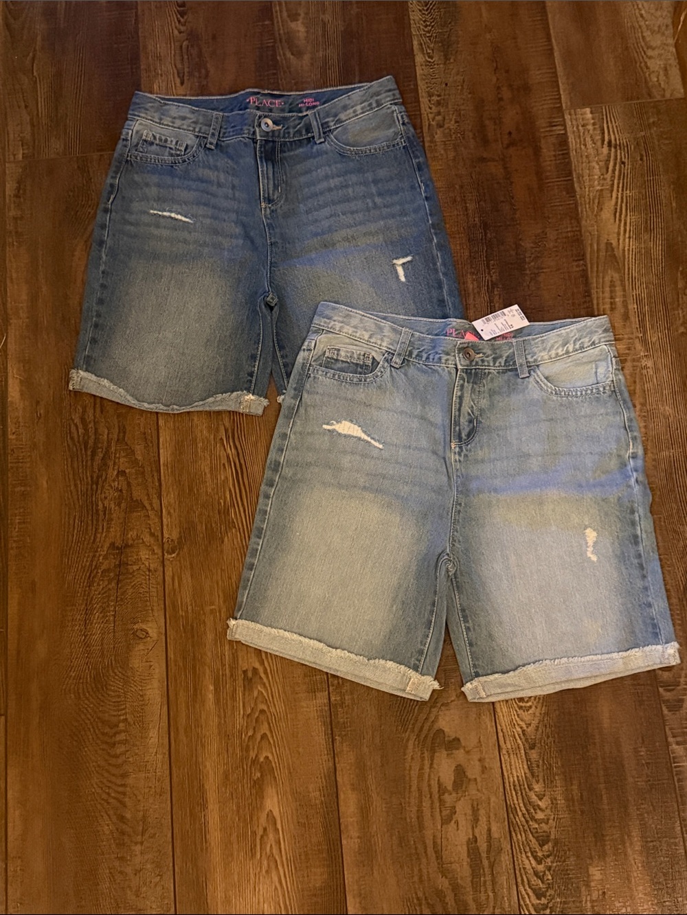 PLACE Light Blue Distressed Denim Bermudas, Two Pairs.